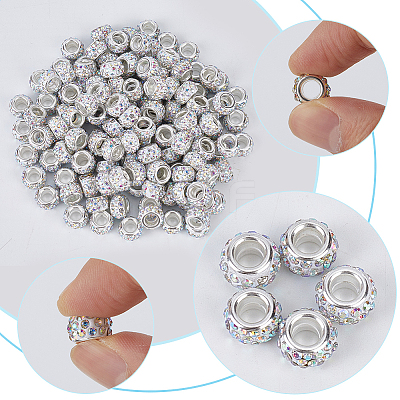 Handmade Polymer Clay Rhinestone European Large Hole Beads with Silver Color Plated Brass Cores FPDL-PA0001-02B-1