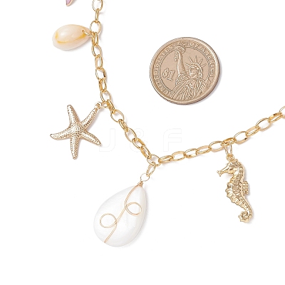 Alloy Enamel Whale Tail Starfish & Natural Shell Teardrop Pendant 304 Stainless Steel Cable Chain Necklaces for Women NJEW-JN05407-02-1