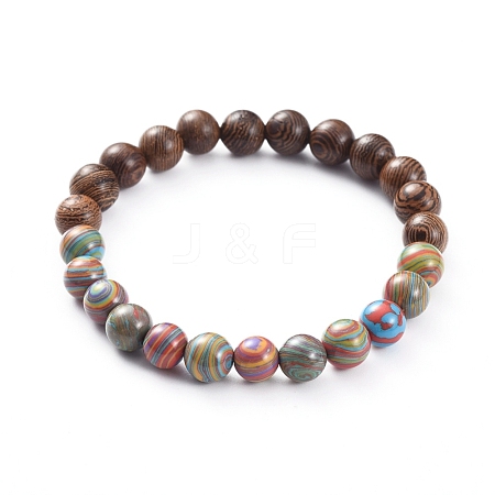  Jewelry Beads Findings Unisex Stretch Bracelets, with Synthetic Malachite Beads and Wood Beads, Round, Colorful, 57mm