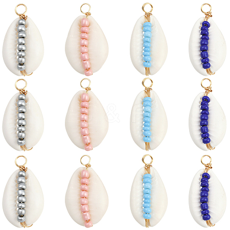 24Pcs 4 Colors Natural Cowrie Shell & Glass Seed Beads Copper Wire Wrapped Pendants FIND-SC0019-11-1