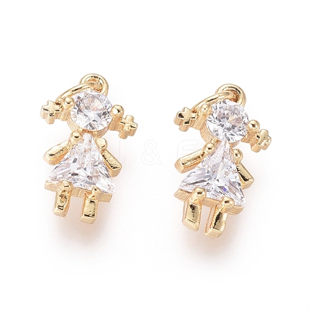  Jewelry Beads Findings Brass Charms, with Clear Cubic Zirconia and Jump Rings, Girl, Golden, 12.5x8x3mm; Jump Ring: 4x0.6mm; 2.5mm Inner Diameter