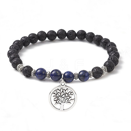 Natural Lava Rock & Natural Lapis Lazuli Gemstone Round Beaded Stretch Bracelet BJEW-JB09767-02-1