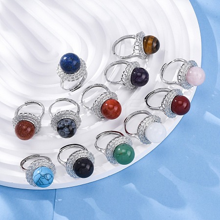 Natural & Synthetic Mixed Gemstone Round Adjustable Finger Rings RJEW-K241-05P-1