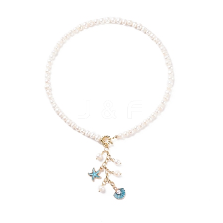 Starfish and Shell Pendant Necklace with Grade A Natural Pearl for Women NJEW-JN03799-1