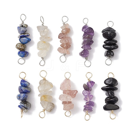 10Pcs 5 Styles Constellation Natural Gold Rutilated Quartz & Amethyst & Golden Sheen Obsidian & Strawberry Quartz & Lapis Lazuli Copper Wire Wrapped Chip Beaded Connector Charms PALLOY-JF02905-03-1