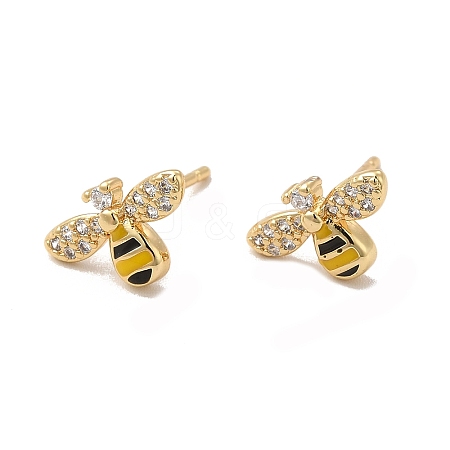 Cubic Zirconia Bee Stud Earrings with Enamel EJEW-G341-02G-1