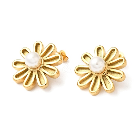 Plastic Pearl Beaded Flower Stud Earrings EJEW-K244-20G-1