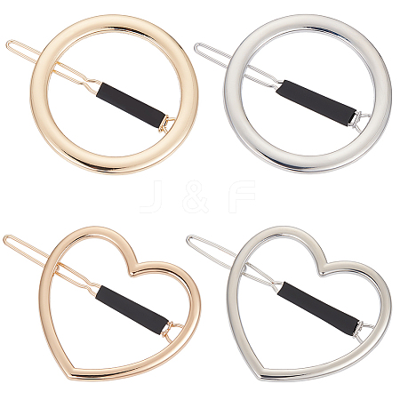 MAKERER 4Pcs 4 Style Alloy Hollow Heart & Ring Hair Pin PHAR-GO0001-01-1