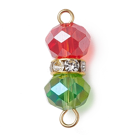 Red & Green Faceted Rondelle Transparent Glass & Brass Rhinestone Peanut Connector Charms PALLOY-JF02999-1