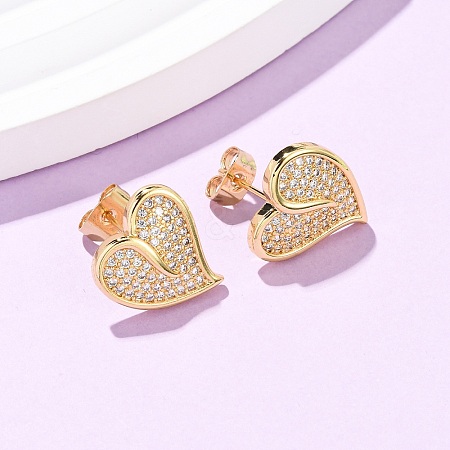 Heart Brass Micro Pave Cubic Zirconia Stud Earrings EJEW-B153-19G-02-1