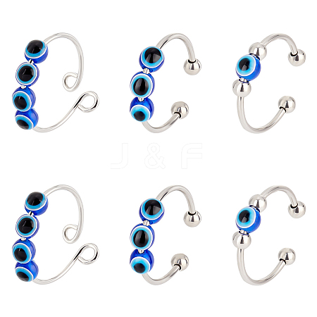   6Pcs 3 Style Resin Evil Eye Spinning Beaded Open Cuff Rings Set RJEW-PH0001-10-1