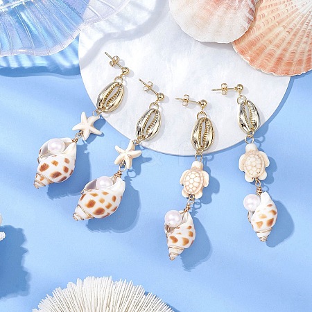 304 Stainless Steel Shell Shape with Tortoise & Starfish Dangle Earrings EJEW-JE06265-04-1