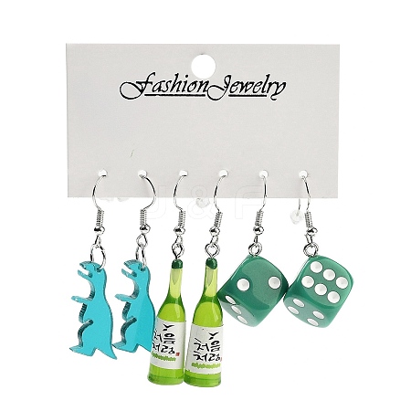 3 Styles Summer Dinosaur & Bottle & Dice Acrylic Dangle Earring Sets for Women EJEW-F336-01B-1