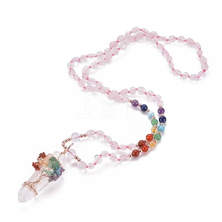 Natural Rose Quartz Bead Pendant Necklaces NJEW-K116-A04-1