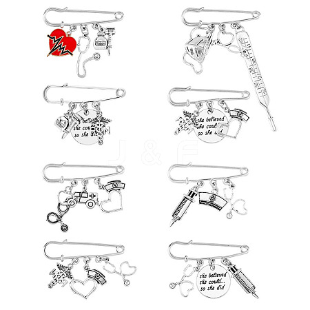 8Pcs 8 Style Nurse's Cap & Infusion Bottle & Caduceus Alloy Charms Safety Pin Brooch JEWB-FH0001-24-1
