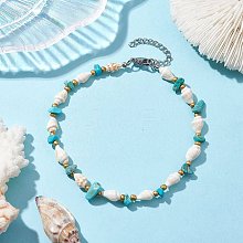 Synthetic Turquoise Chips & Natural Trumpet Shell Beaded Anklets AJEW-AN00585