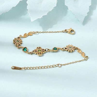 304 Stainless Steel Rhinestone Flower with Heart Link Chain Bracelets SA-CBAF6AD-16G-1