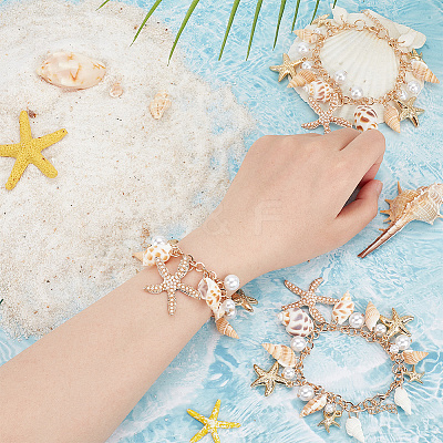3Pcs Natural Conch Shell & Alloy Starfish & CCB Plastic Pearl Charm Bracelet BJEW-PH0004-35-1