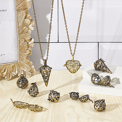 10Pcs 5 Styles Tibetan Style Brass Rack Plating Cage Pendants KK-SC0004-36-1
