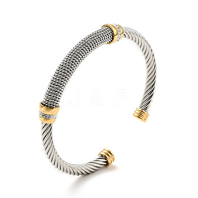 304 Stainless Steel Twist Rope Shape Open Cuff Bangle with Rhinestone for Women BJEW-D449-01GP-01-1