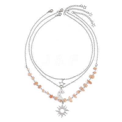 201 Stainless Steel Sun Moon Star Pendant Natural Sunstone & 304 Stainless Steel Link Chain 3 Layer Necklaces for Women NJEW-JN05470-01-1