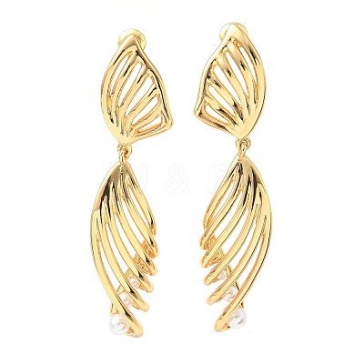 Line Brass Imitation Pearl Dangle Stud Earrings EJEW-M084-01G-1