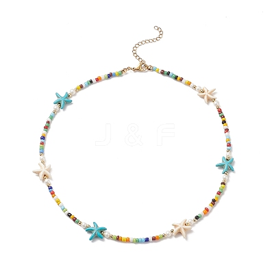 Colorful Synthetic Turquoise Starfish & Shell Pearl & Glass Seed Beaded Necklace for Women NJEW-TA00044-1