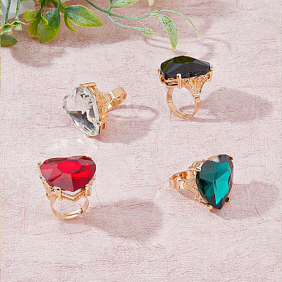 4Pcs 4 Colors Glass Heart Adjustable Rings Set RJEW-FI0001-11-1