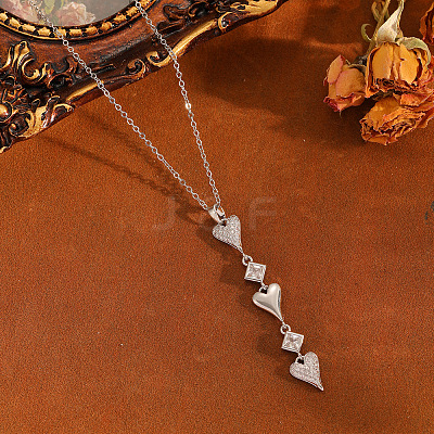 Brass Pave Clear Cubic Zirconia Heart Tassel Long Pendant 304 Stainless Steel Cable Chain Necklaces for Women WGA7C59-08-1