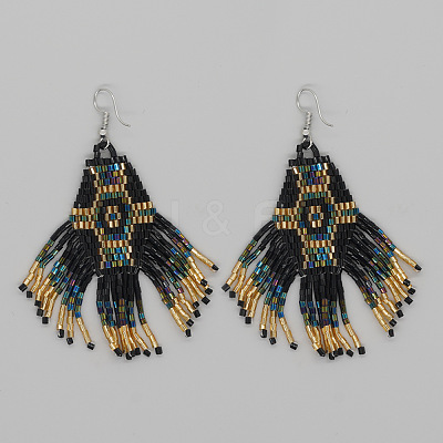 Handmade Chinese Style Glass Seed Beads Hexagon Pattern Tassel Dangle Earrings MW1282-3-1