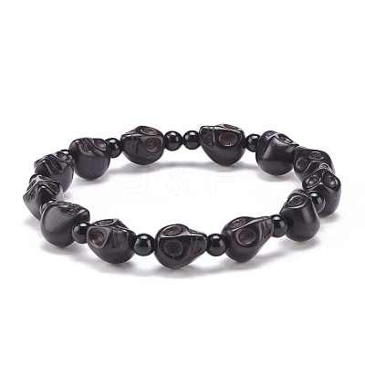 Natural Mashan Jade Skull & Synthetic Turquoise(Dyed) Beaded Stretch Bracelet BJEW-JB08377-03-1