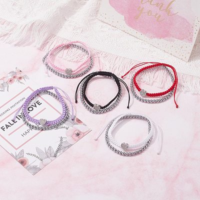 Heart Brass Micro Pave Cubic Zirconia Braided Bead Bracelets Set for Teen Girl Women BJEW-JB07044-1