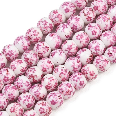 Handmade Flower Printed Porcelain Ceramic Beads Strands PORC-M005-6mm-03-1