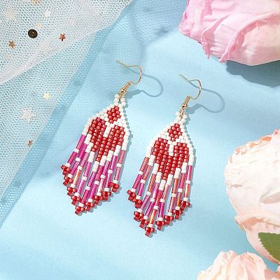 Heart Glass Seed Beaded Tassel Dangle Earrings for Women EJEW-MZ00201-01-1