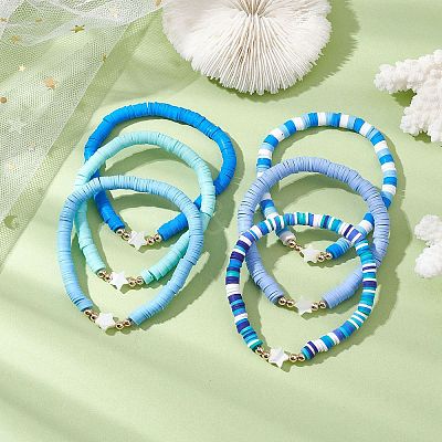 Handmade Polymer Clay with Natural Trochid Shell/Trochus Shell Beaded Stretch Bracelets for Women BJEW-JB10203-02-1