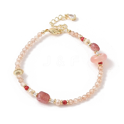 Natural Strawberry Quartz & Agate & Natural Pearl Beaded Bracelets BJEW-C068-08G-1