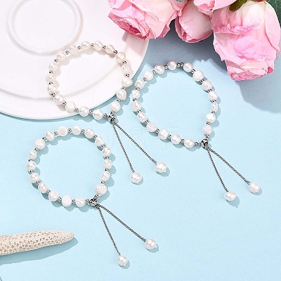 Adjustable Natural Pearl with Brass Chain Slider Bracelets for Women Girl BJEW-T022-16A-1