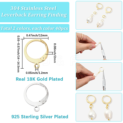 80Pcs 2 Colors 304 Stainless Steel Leverback Earring Findings STAS-SC0010-56-1