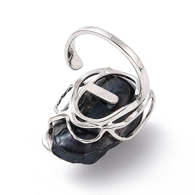 Natural Pearl Nugget with Cubic Zirconia Leaf Open Cuff Ring RJEW-P033-02P-01A-1