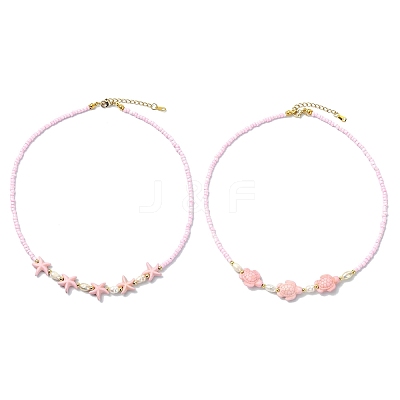 2Pcs 2 Styles Ocean Turtle Starfish Synthetic Turquoise & Natural Pearl & Glass Seed Beaded Necklaces NJEW-JN06130-01-1
