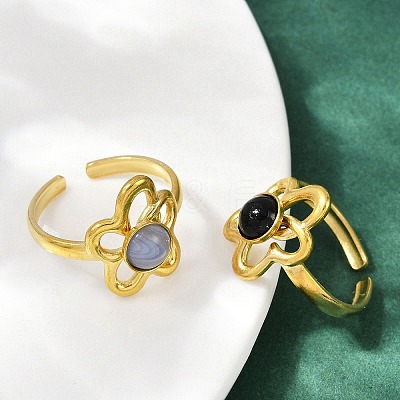 316 Stainless Steel with Natural Mixed Gemstone Cuff Rings RJEW-Z098-01G-09-1