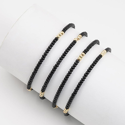 Brass & Black Glass Seed Beaded Stretch Bracelet Sets GV0095-1