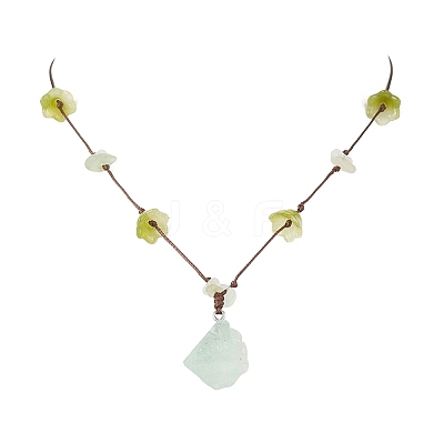 Raw Rough Natural Stone Nuggets Pendant with Handmade Lampwork Flower Adjustable Waxed Polyester Cord Necklaces for Women NJEW-TA00210-01-1