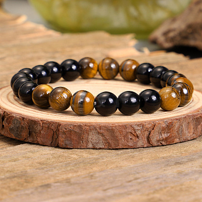 Black Obsidian & Tiger Eye Round Beaded Stretch Bracelets for Men Women LS-FS-WG54ED5-01-1