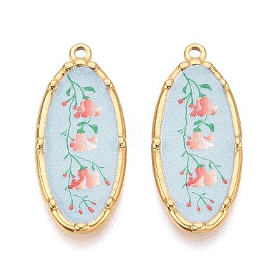 Printed Style 304 Stainless Steel Oval with Flower Pattern Pendants STAS-T071-27D-G-1