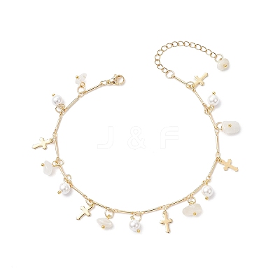 Natural White Moonstone Chip & Round Shell Pearl Cross Tassel Anklets AJEW-AN00716-03-1