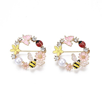 Flat Round with Butterfly Bee Flower Enamel Pin with Rhinestone JEWB-N007-070-1