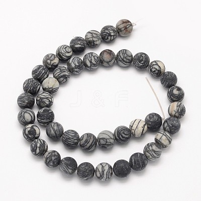 Frosted Round Natural Black Polychrome Jasper/Picasso Stone/Picasso Jasper Beads Strands G-N0166-44-8mm-1