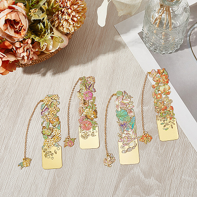 4Pcs 4 Styles Brass & Iron Enamel Bookmarks with Chain AJEW-SP0002-23C-1