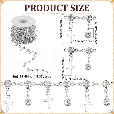 4M Flat Round with Cross Charm Brass Rhinestone Chains DIY-PH0030-93S-1